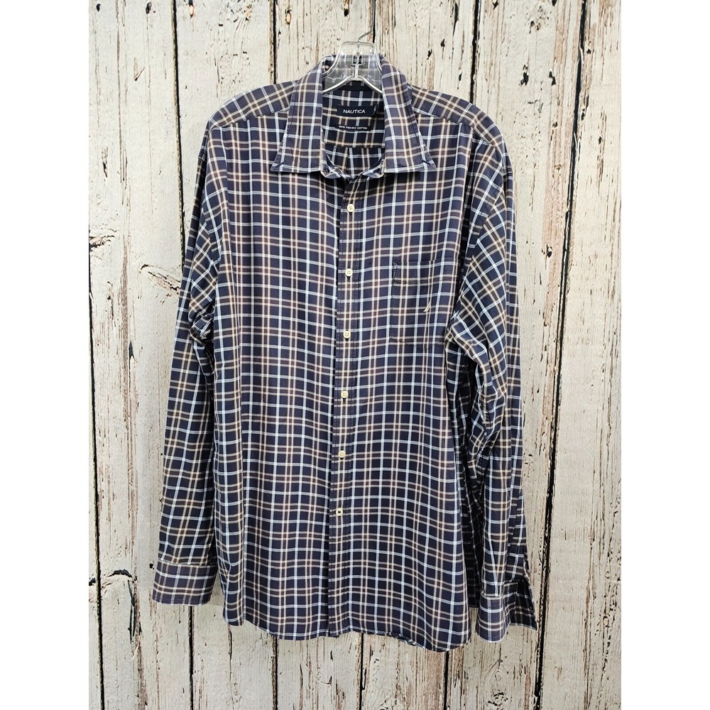 NAUTICA Men's XL Blue Button Down Pocket Long Sleeve Cotton Dress Shirt EUC